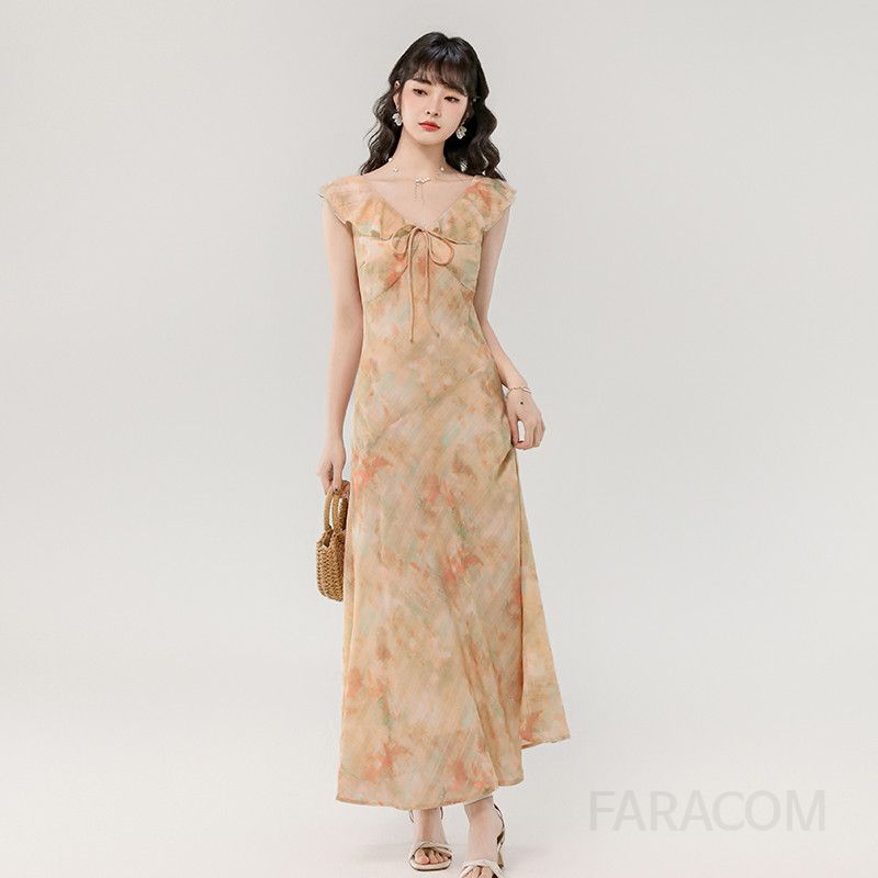 여성 여름 롱 드레스 우아한 주름 장식 소매 부드러운 착용감 플리츠 원피스 바캉스룩 휴양지룩 여성스러운 스타일 데일리룩 - 상품 이미지