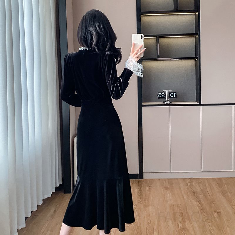 가을 여성 벨벳 드레스 슬림핏 진주 레이스 힙랩 머메이드 스타일 파티룩 우아한 롱 원피스 특별한 날을 위한 세련된 디자인 - 상세 이미지 5