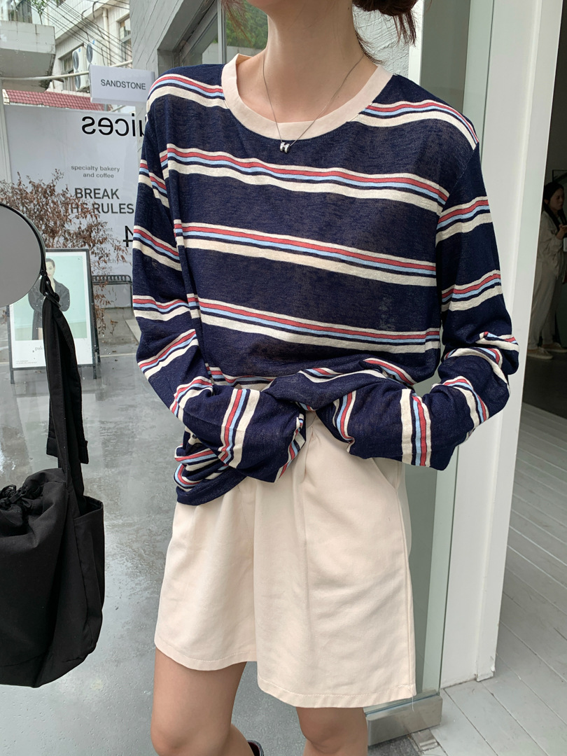 여성 스트라이프 긴팔티 텐셀 린넨 간절기 루즈핏 티셔츠 이미지 6