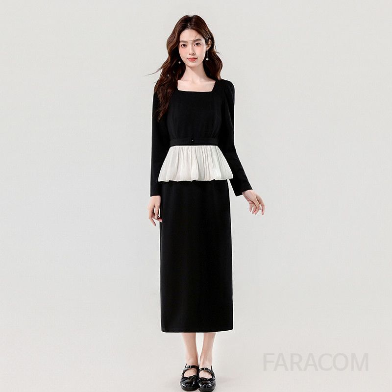 레드 스퀘어넥 슬림 드레스 가을 파티룩 빈티지 스타일 우아한 디자인 심플한 매력적 실루엣으로 특별한 날을 위한 선택 - 상세 이미지 3