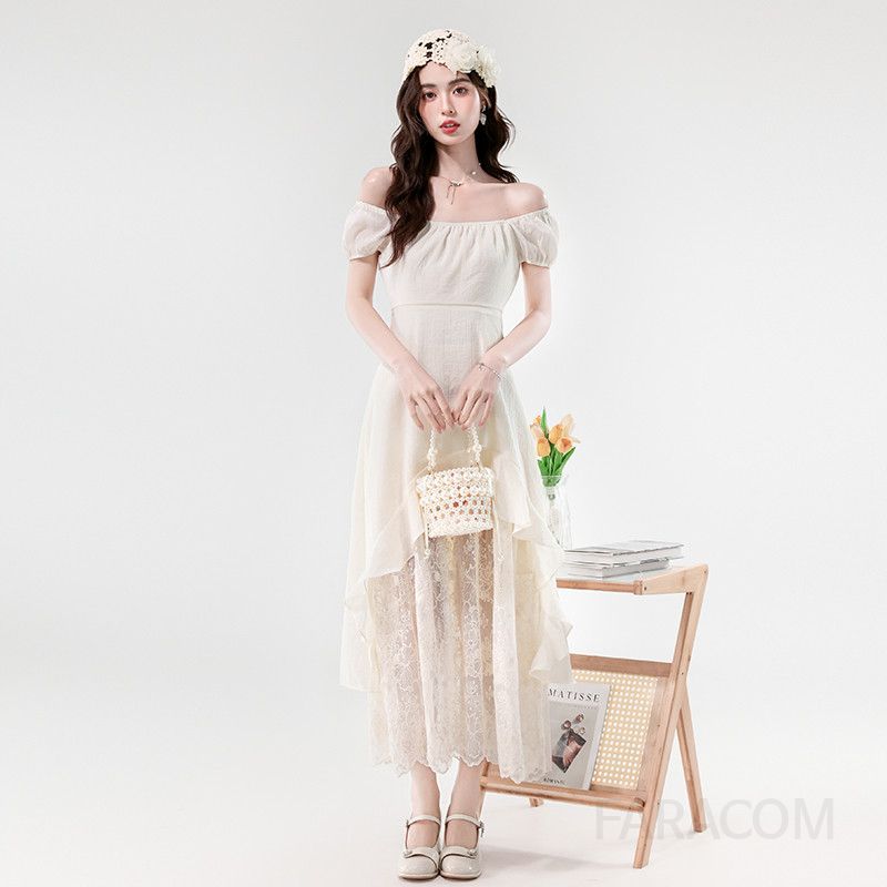 레이스 자수 롱 드레스 여성 여름 바캉스룩 슬림핏 불규칙 디자인 시원한 착용감 해외여행 휴양지룩 스타일리시한 여성스러운 원피스 - 상세 이미지 4