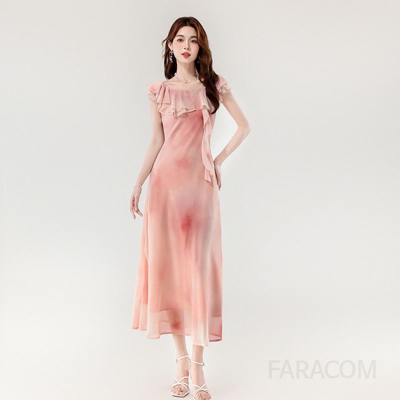 여성 원숄더 롱 슬림 드레스 우아한 핑크 그라데이션 연꽃잎 칼라 로맨틱 스타일 여름 파티 돌잔치 브라이덜샤워 연주회 촬영용 - 상세 이미지 5