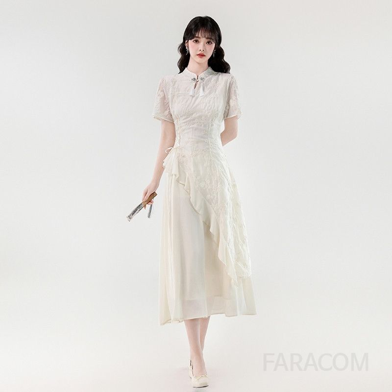 여름 개량형 치파오 롱 드레스 슬림핏 불규칙 디자인 여성 원피스 바캉스룩 휴양지룩 여름패션 시원한 착용감 스타일리시한 외출용 - 상세 이미지 2