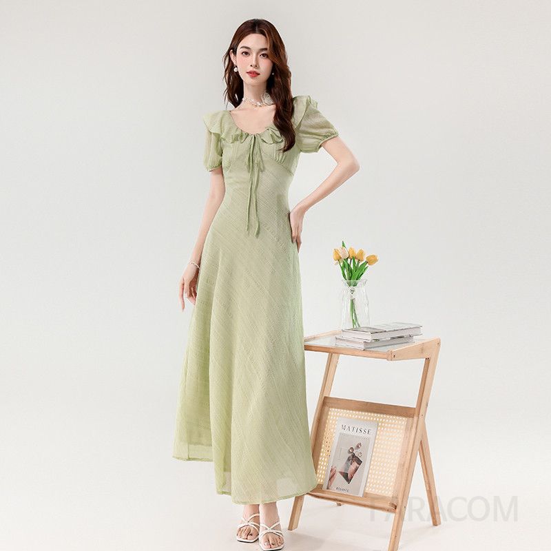 여름 휴양지룩 우아한 연꽃잎 칼라 여성 롱 드레스 슬림핏 바캉스원피스 시원한 착용감 스타일리시한 외출용 원피스 - 상세 이미지 3