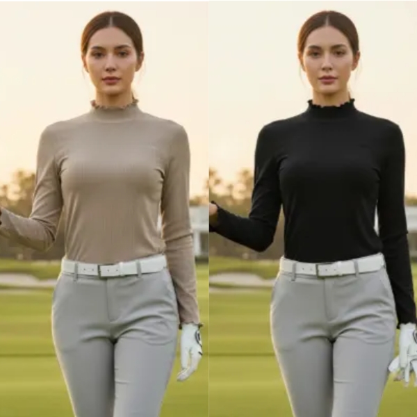 와이드앵글 여성 골프웨어 가을 프릴넥 골지 골프티셔츠