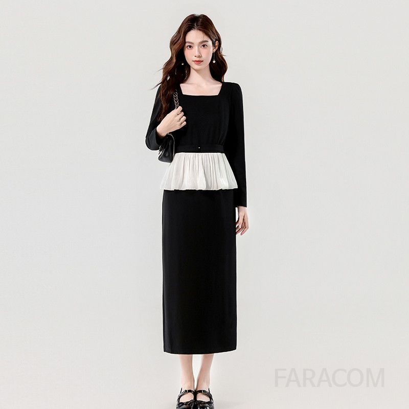 레드 스퀘어넥 슬림 드레스 가을 파티룩 빈티지 스타일 우아한 디자인 심플한 매력적 실루엣으로 특별한 날을 위한 선택 - 상세 이미지 2