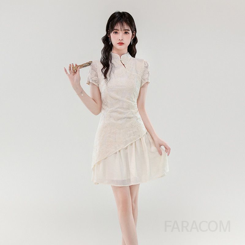 여성 여름 슬림핏 자수 드레스 부드러운 살구색 나이 감소 효과 가짜 투피스 스타일 데일리룩 파티룩 결혼식 피로연 활용도 높은 디자인 - 상세 이미지 4