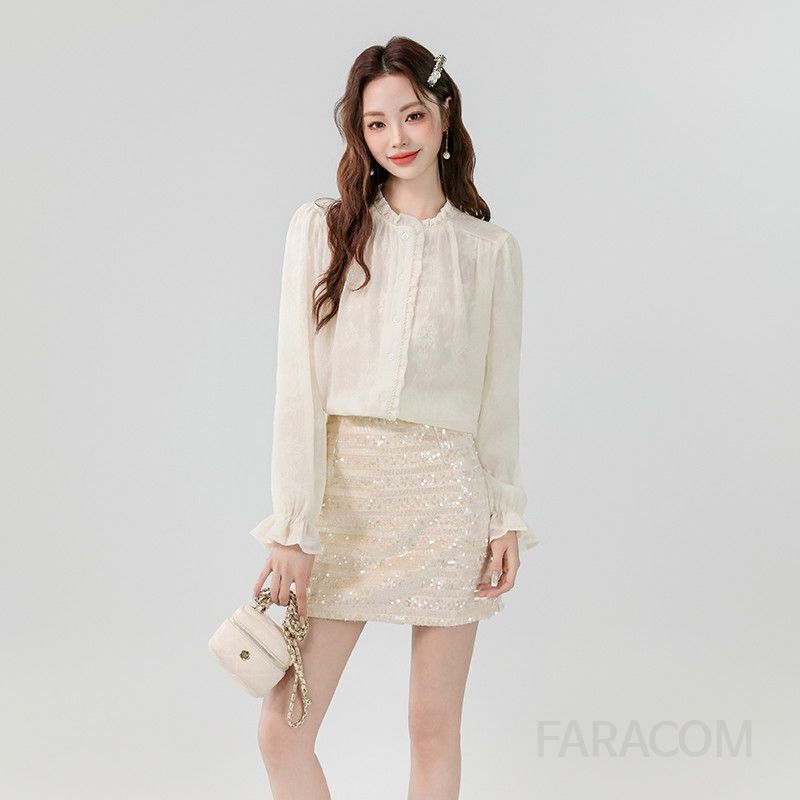러플 퍼프 슬리브 레이스 블라우스 여름 시스루 여성블라우스 세트 스타일리시한 디자인 예쁜 캐주얼 쉬폰 탑과 스팽글 스커트 매치 40대 데일리룩 - 상세 이미지 2
