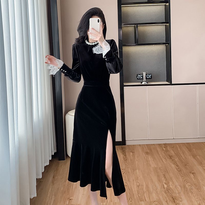 가을 여성 벨벳 드레스 슬림핏 진주 레이스 힙랩 머메이드 스타일 파티룩 우아한 롱 원피스 특별한 날을 위한 세련된 디자인 - 상세 이미지 3