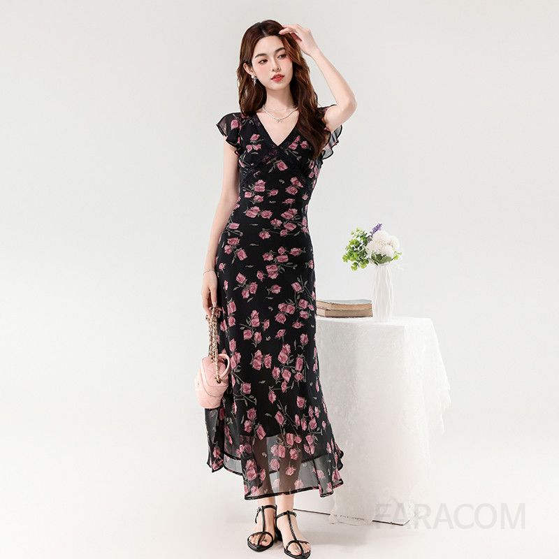 여름 레이스 롱 플로럴 드레스 프렌치 엘레강스 스타일 로맨틱한 여성 원피스 시원한 착용감 데일리룩 바캉스룩 휴양지원피스 - 상세 이미지 4