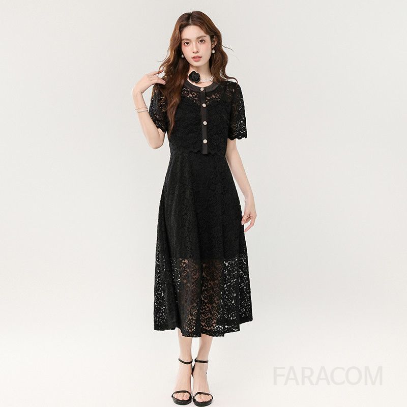 레이스 슬림 롱 투피스 여름 여성 하객룩 스타일 엘레강트 스커트 세련된 오피스룩 레이어드 디자인 시원한 착용감 데일리 룩 - 상품 이미지