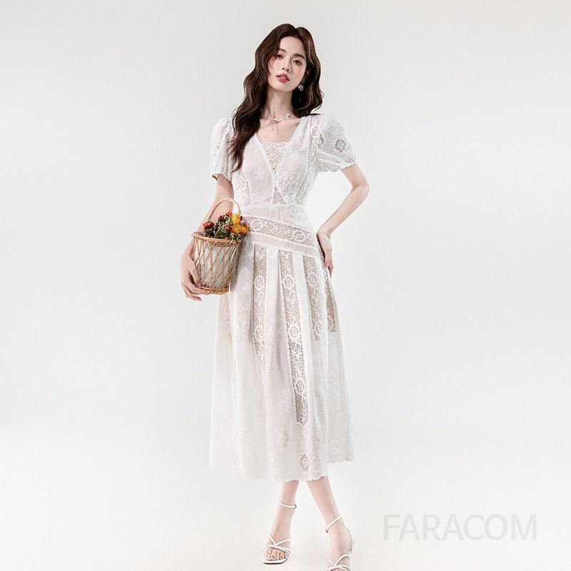 레이스 자수 롱드레스 슬림핏 여성 여름원피스 우아한 디자인 바캉스룩 휴양지룩 시원한 착용감 데일리 스타일 - 상세 이미지 2