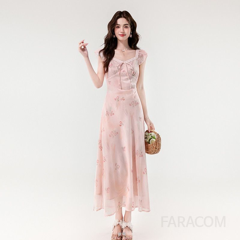 여름 프렌치 스타일 V넥 레이스 슬림 롱 원피스 여성 비치웨어 바캉스룩 민소매 드레스 시원한 착용감 여행룩 - 상세 이미지 2