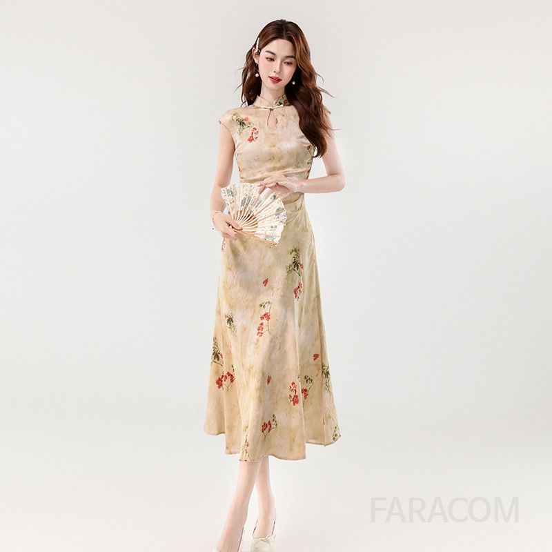 중국식 새틴 치파오 드레스 여름 신상 부드러운 질감 전통 패턴 원피스 셀프웨딩 신부 들러리 이브닝 파티용 럭셔리 스타일 - 상세 이미지 4