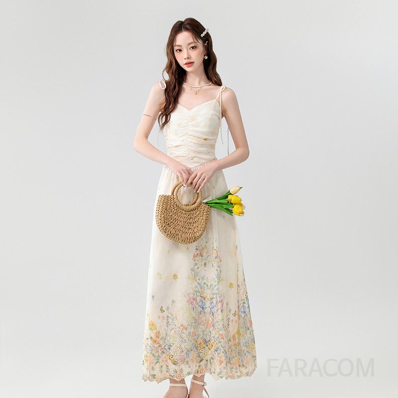 여성 여름 롱원피스 V넥 슬림핏 자수 프린트 서스펜더 드레스 로맨틱 스타일 데일리룩 바캉스룩 휴양지룩 시원한 착용감 - 상품 이미지