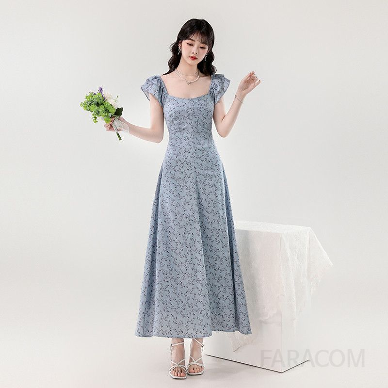 여름 스퀘어넥 드로스트링 롱원피스 우아한 플로럴 레이스업 디자인 휴양지룩 바캉스룩 여성용 스타일리시한 착용감 부드러운 소재 매력적인 데일리 드레스 - 상세 이미지 4