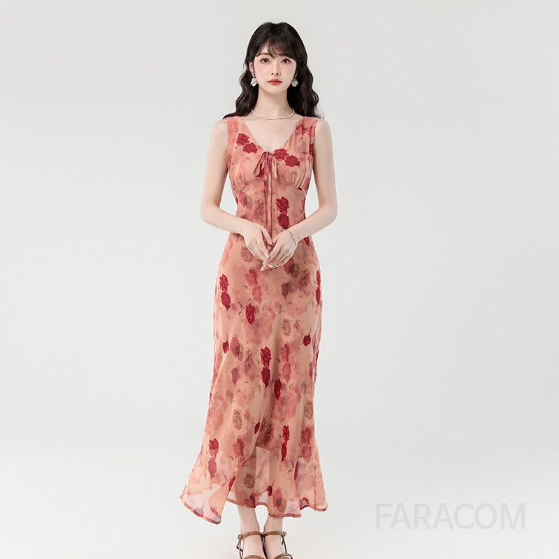 여성 여름 롱 드레스 로맨틱 레트로 플라워 V넥 바이어스 컷 스타일 바캉스룩 시원한 착용감 실물 촬영 여행용 - 상품 이미지