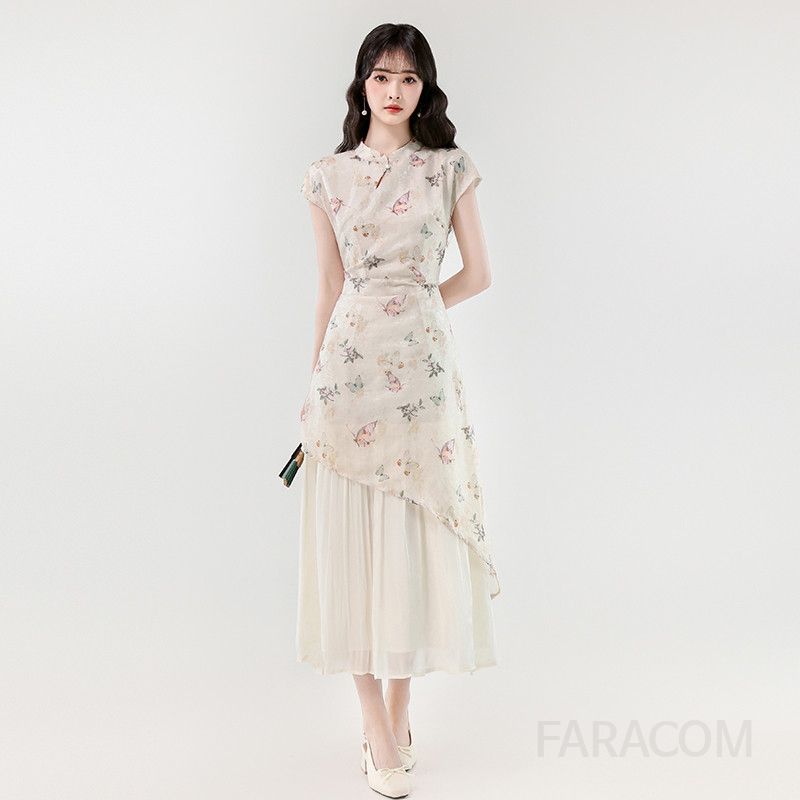 여름 프린트 롱 드레스 불규칙 디자인 우아한 여성 원피스 바캉스룩 가볍고 부드러운 착용감 데일리 외출용 스타일리시한 매력적인 텍스처 - 상품 이미지