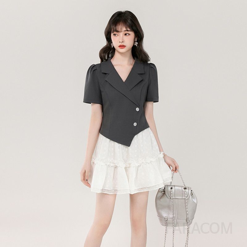 여성 여름 정장 투피스세트 반팔 자켓 화이트 레이스 스커트 컬리지 스타일 오피스룩 데일리 하객룩 캐주얼 코디용 시원한 착용감 모던한 디자인 - 상품 이미지