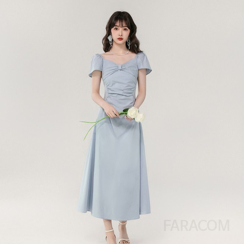 여성 여름 슬림 롱 드레스 V넥 리본 엘라스틱 허리 시원한 착용감 데일리룩 바캉스룩 활용 가능 스타일리시한 디자인 - 상세 이미지 3