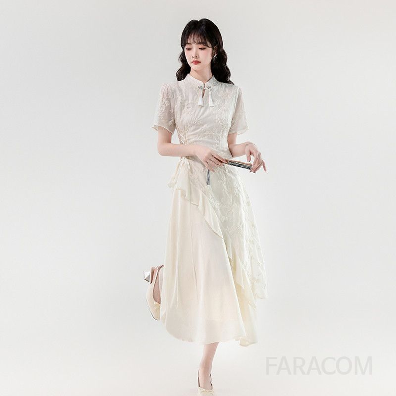 여름 개량형 치파오 롱 드레스 슬림핏 불규칙 디자인 여성 원피스 바캉스룩 휴양지룩 여름패션 시원한 착용감 스타일리시한 외출용 - 상세 이미지 3