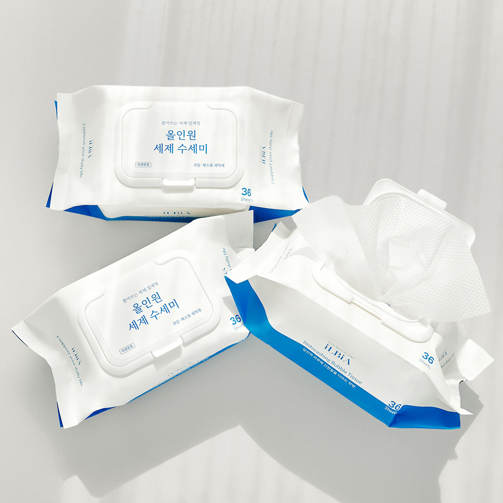 일비아 뽑아쓰는 천연 친환경/일회용/캠핑용 주방세제 일체형 수세미  36매 x 3개