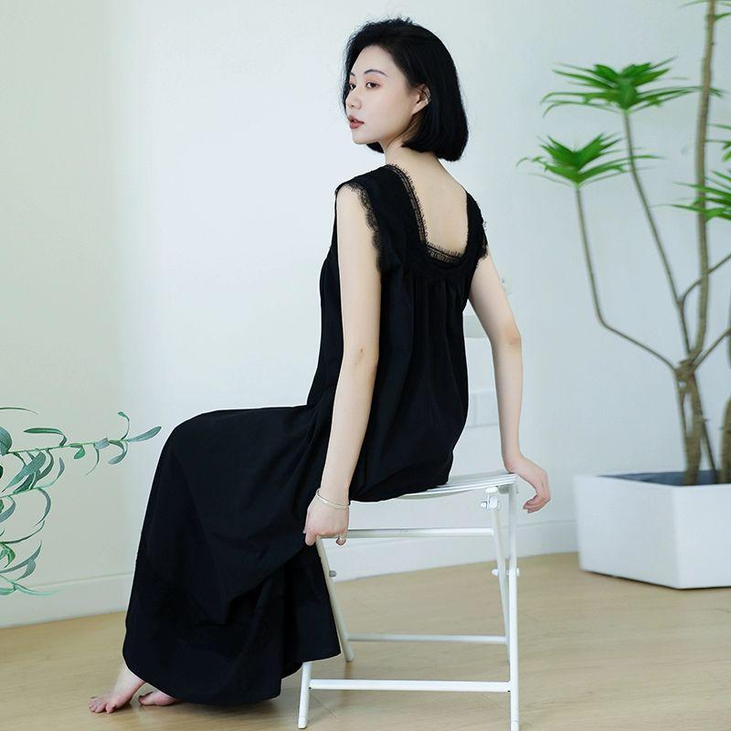 면원피스 잠옷 냉감 순면 얇은 민소매 여름 원피스잠옷 스퀘어넥 여성 여름원피스 블랙 프리사이즈 추천42.5-70.0kg - 상세 이미지 4