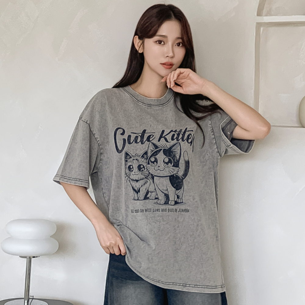 귀여운 여성 고양이 반팔 오버핏 피그먼트 워싱 빈티지 티셔츠 FTC00035 - 상품 이미지