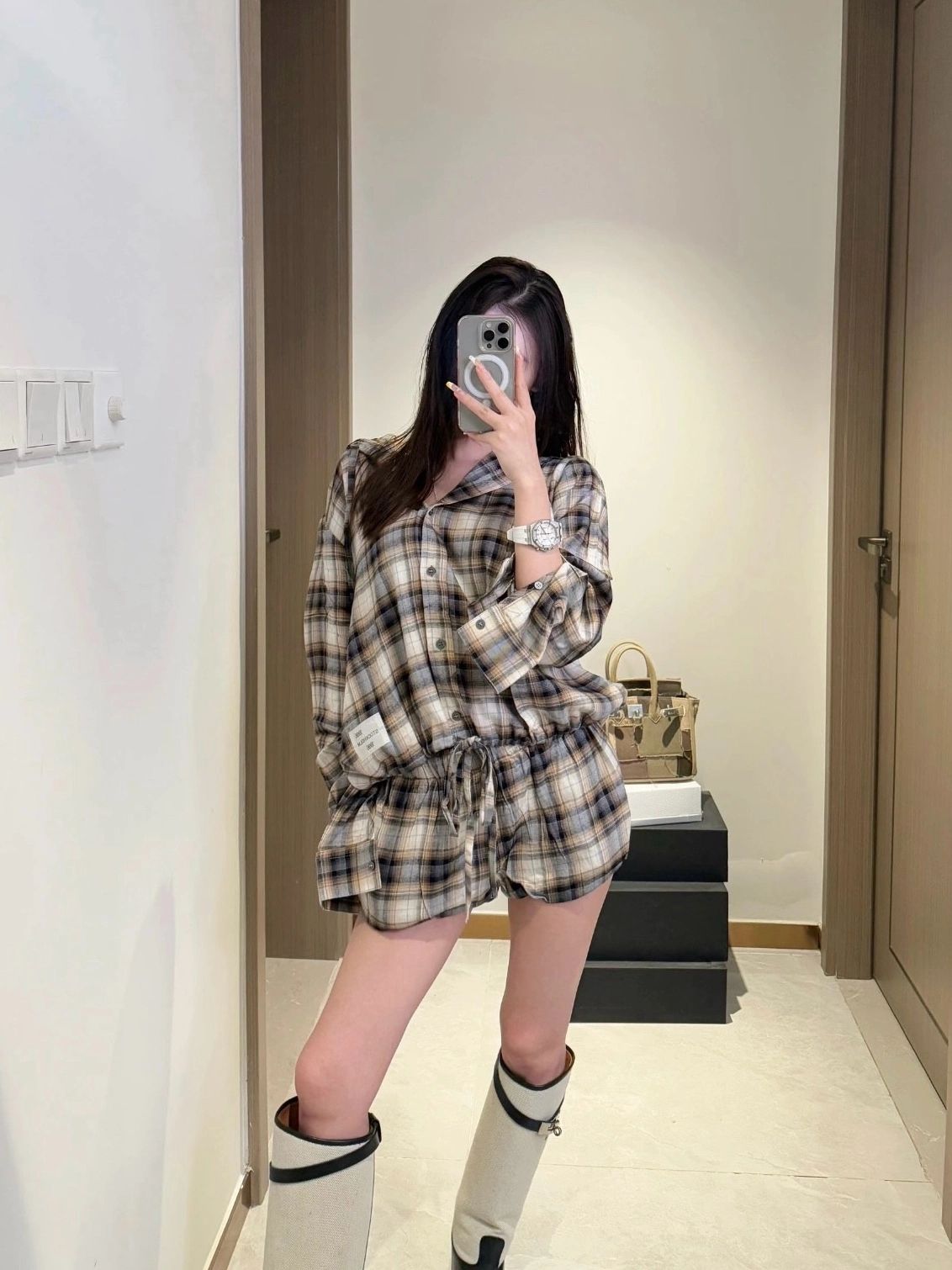 체크 웨이스트 후드셔츠 캐쥬얼 염색 레이스업 투피스 세트의류 자켓 반바지 여성 브라운 후드 셔츠 S - 상세 이미지 3