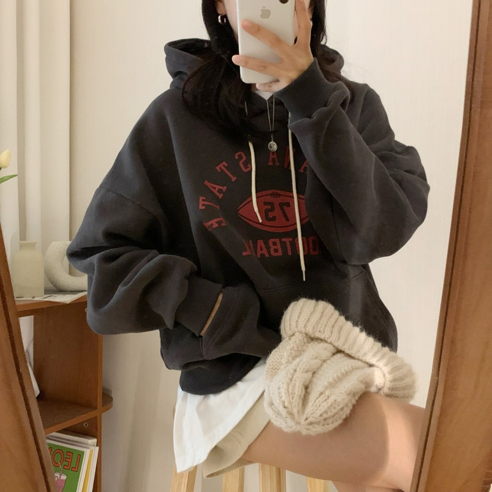 겨울 캐주얼 오버핏 풋볼 프린팅 레터링 여성 기모 후드티 박스티 여자 기모 맨투맨 티셔츠 - 상세 이미지 2
