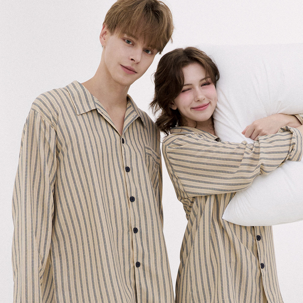 [2PACK]코튼라이크 헤이즐 긴팔 카라 커플 잠옷 세트 홈웨어 - 상품 이미지