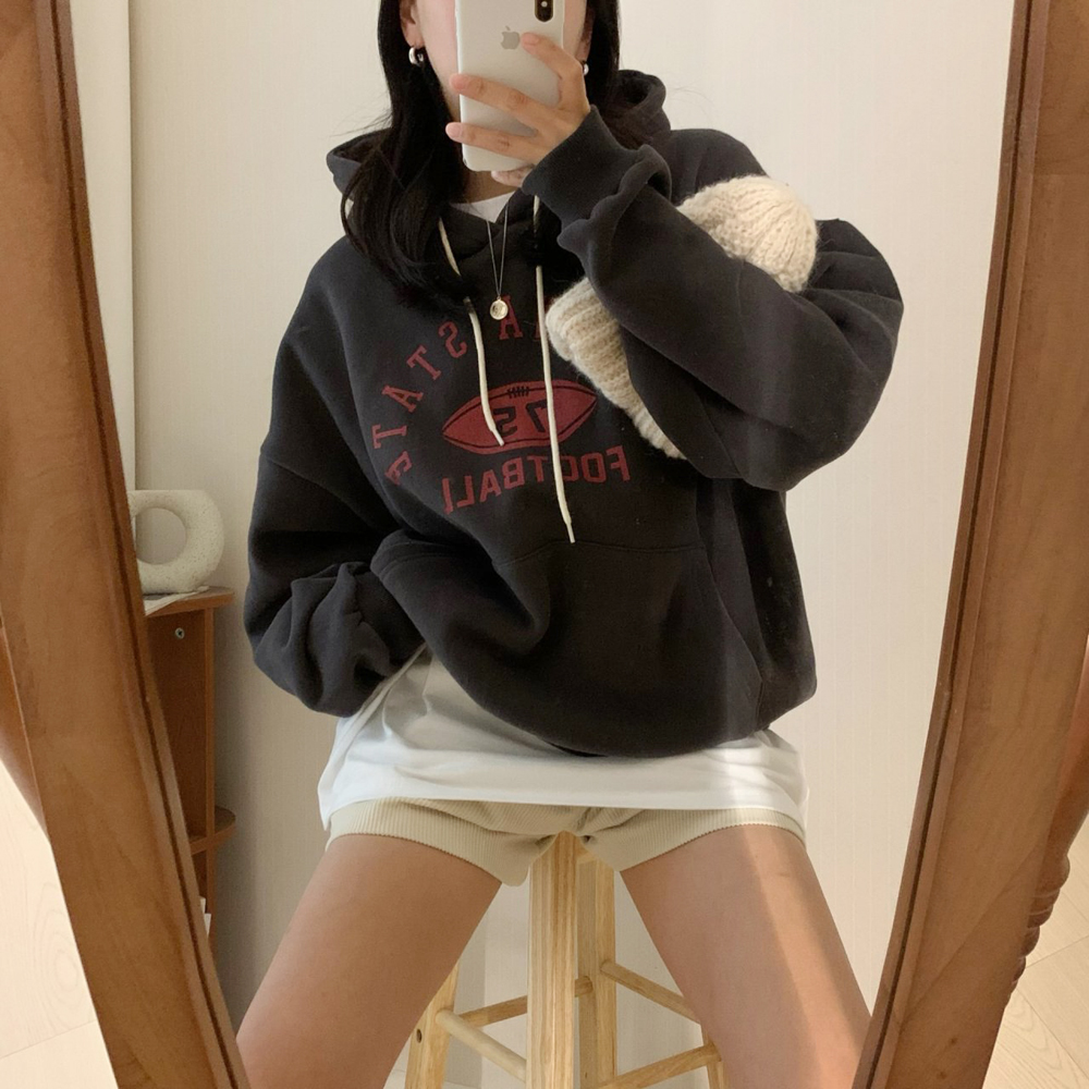 겨울 캐주얼 오버핏 풋볼 프린팅 레터링 여성 기모 후드티 박스티 여자 기모 맨투맨 티셔츠 - 상세 이미지 3