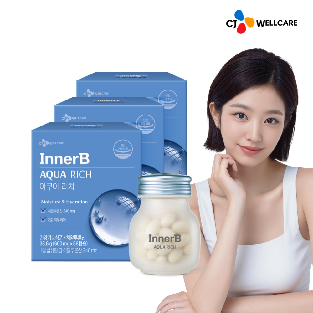 CJ 이너비 아쿠아리치 먹는 히알루론산 피부보습 자외선케어 엘라스틴 56캡슐, 3개