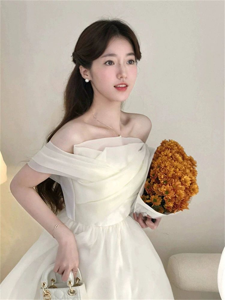 미니웨딩드레스 탑 쉬폰 스냅 피로연 오프숄더 튜브 스냅사진 스몰웨딩 베이지화이트 S - 상세 이미지 2