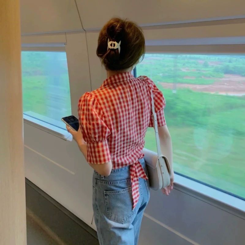 레드체크 와이셔츠 앤티크 셔츠 앤틱 반팔 여성 봄여름 여행룩 레드화이트체크 S - 상세 이미지 5