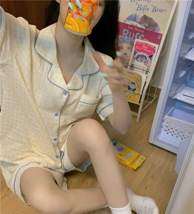 여름 잠옷 반바지 반팔 여름잠옷 커플잠옷 긴바지 세트 노란체크세트반팔반바지면직물실크원단 M - 상세 이미지 4