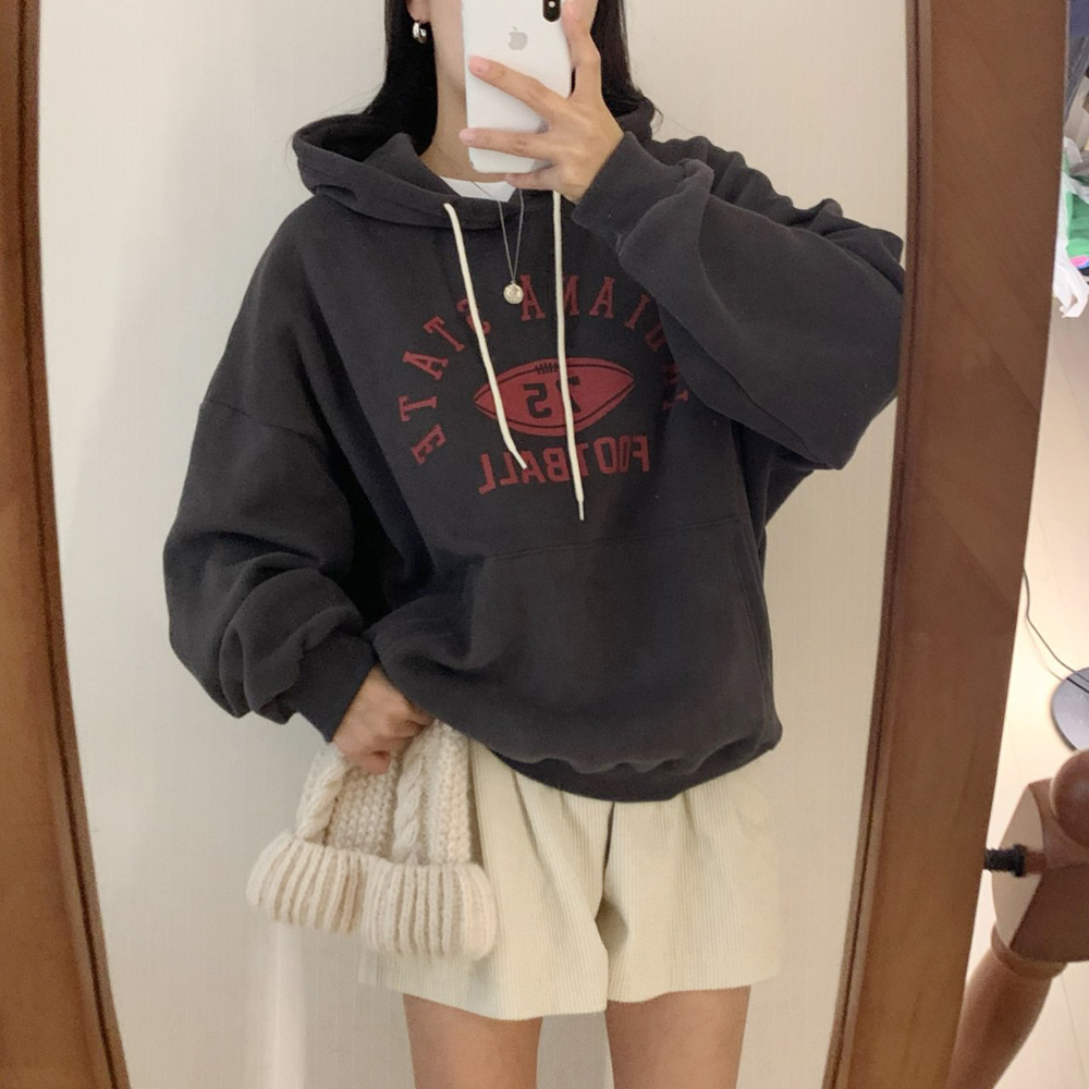 겨울 캐주얼 오버핏 풋볼 프린팅 레터링 여성 기모 후드티 박스티 여자 기모 맨투맨 티셔츠 - 상세 이미지 4
