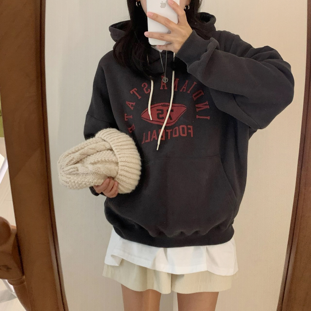 겨울 캐주얼 오버핏 풋볼 프린팅 레터링 여성 기모 후드티 박스티 여자 기모 맨투맨 티셔츠 - 상세 이미지 5