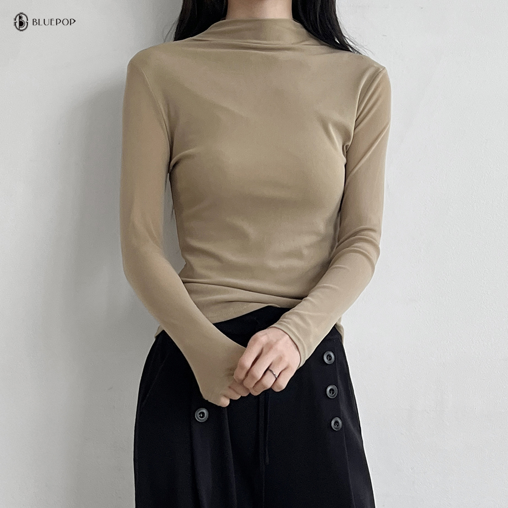 「12color」여리핏 보들 스판 슬림라인 두겹 시스루 반목 폴라 긴팔 티 화이트 이미지 8