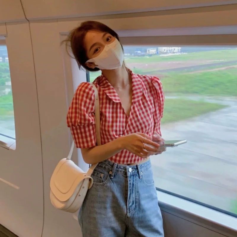 레드체크 와이셔츠 앤티크 셔츠 앤틱 반팔 여성 봄여름 여행룩 레드화이트체크 S - 상세 이미지 3
