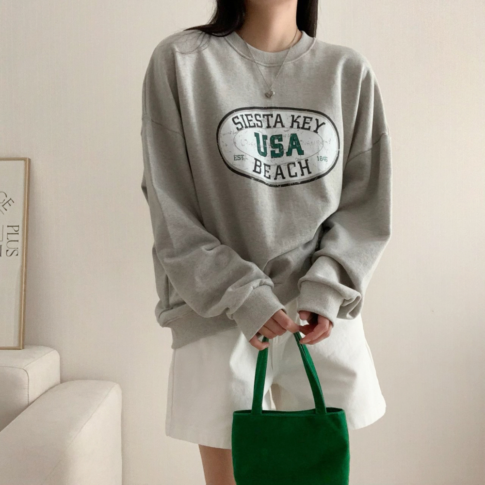 오버핏 빈티지 비치 프린팅 레터링 티셔츠 여성 맨투맨 박스티 여자 가을 티셔츠 코튼 - 상세 이미지 5