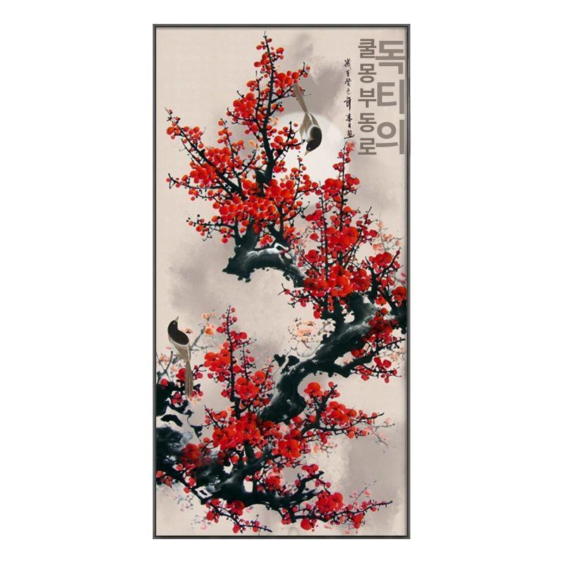 매화그림 인테리어 중세 대나무 캔버스 매화 모란꽃 포스터 알루미늄액자 민화 A형 60x120 블랙외부 프레임 - 상세 이미지 5
