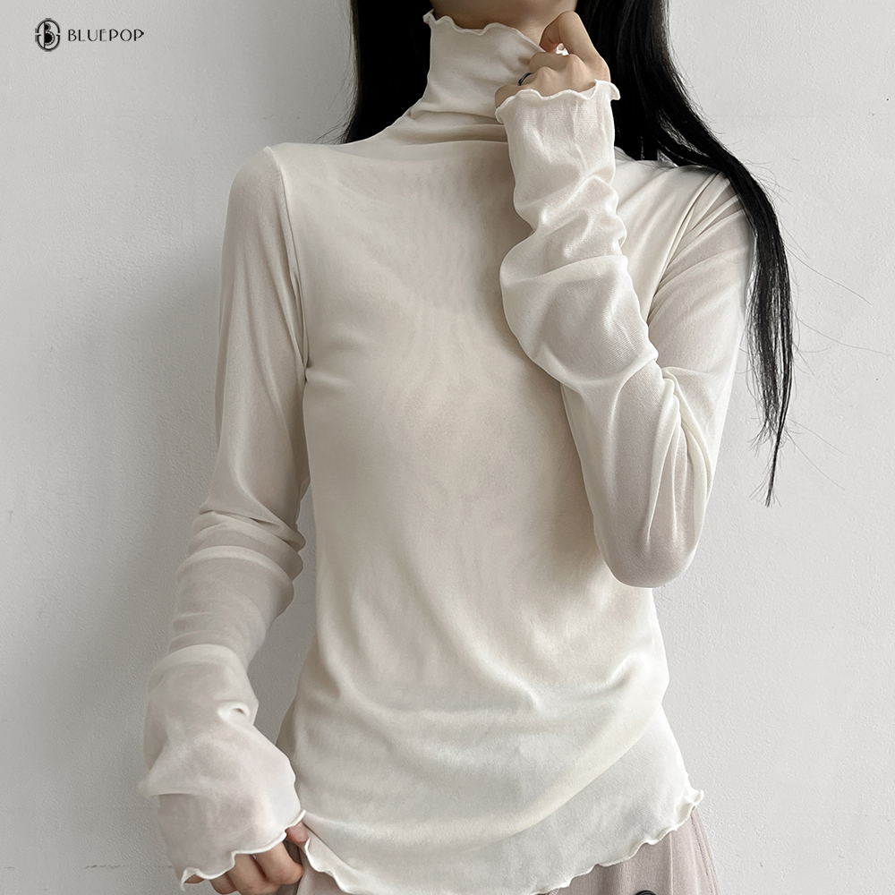 [8color]여리핏 보들 스판 슬림라인 두겹 시스루 롱슬리브 하이넥 물결폴라 목티 - 상세 이미지 3