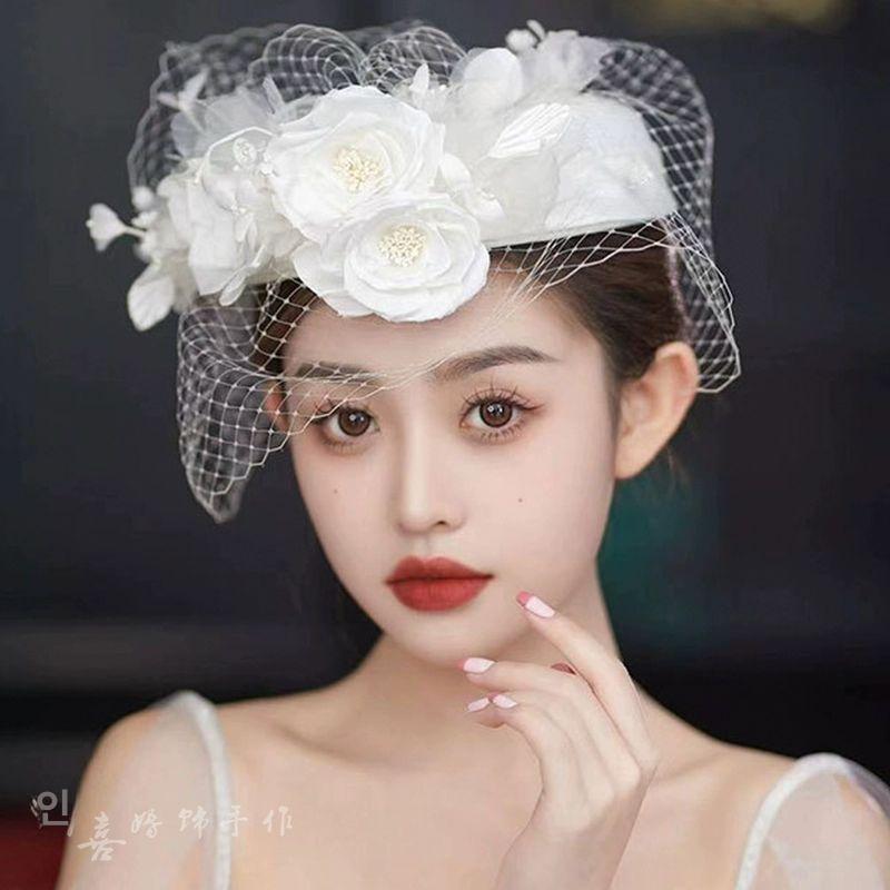 웨딩모자 신부 모자 헤어 사진 베일 깃털 액세서리 복고풍 촬영 우아한 화이트 꽃 망사 미니 모자 S 54-56cm - 상세 이미지 3