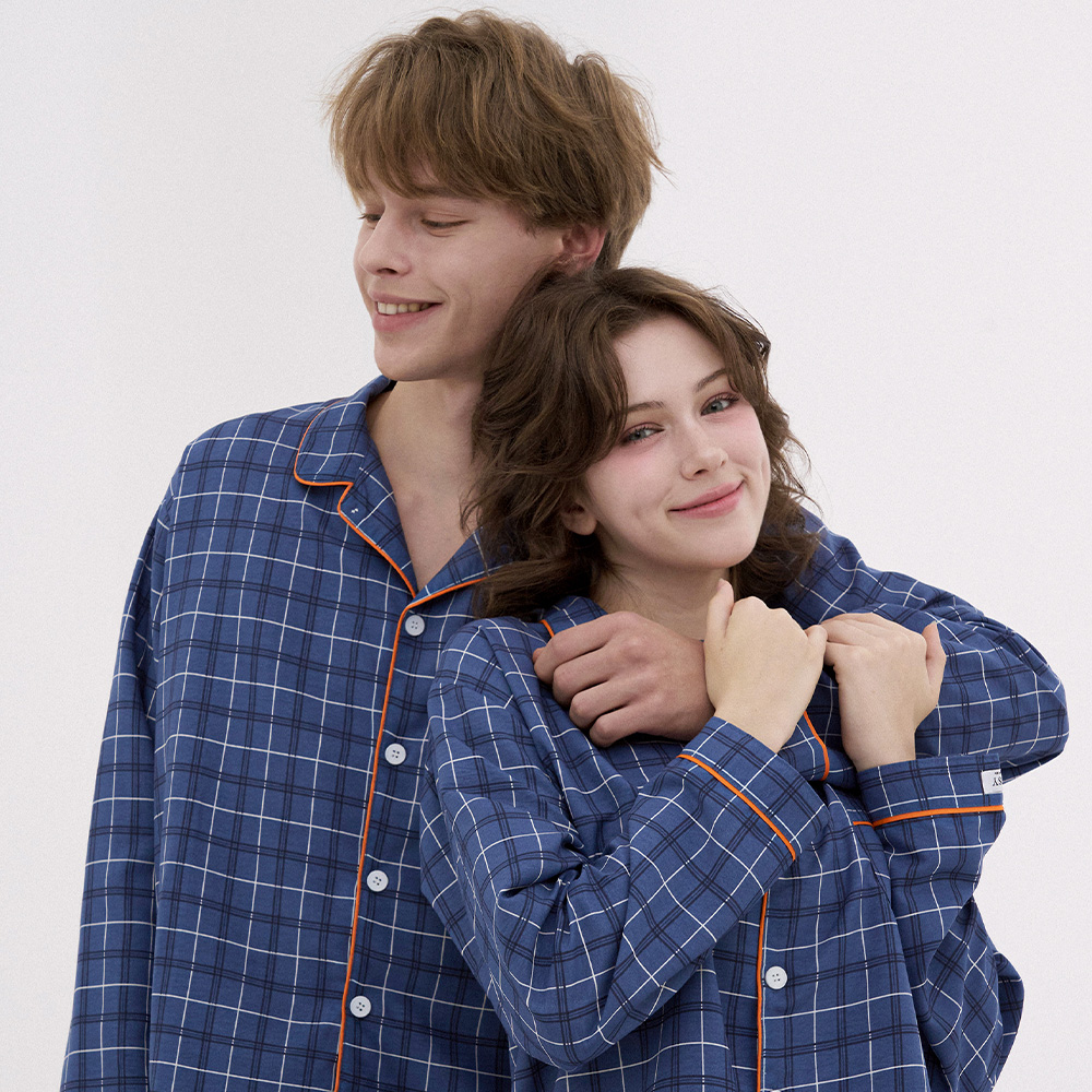 [도씨][2PACK]코튼라이크 블루먼 긴팔 카라 커플 잠옷 세트 홈웨어 제품 이미지