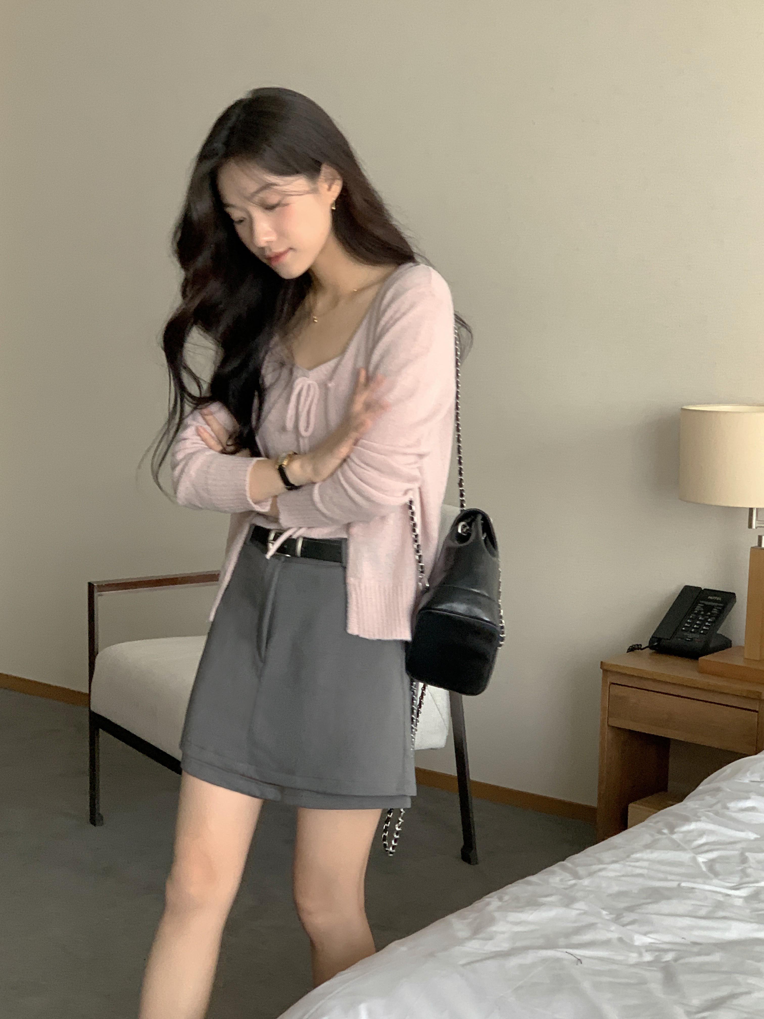 오버무드 봄 가을 간절기 나시 가디건 세트 투웨이 랩 리본 라인 니트 가디건 3color - 상세 이미지 2