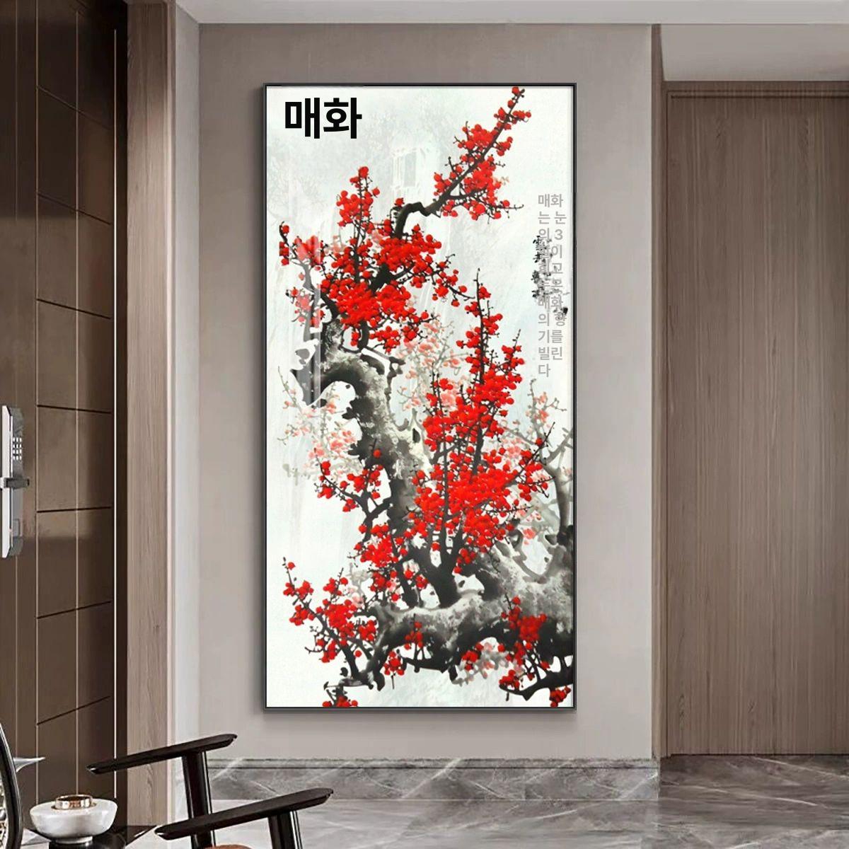 매화그림 인테리어 중세 대나무 캔버스 매화 모란꽃 포스터 알루미늄액자 민화 A형 60x120 블랙외부 프레임 - 상세 이미지 2