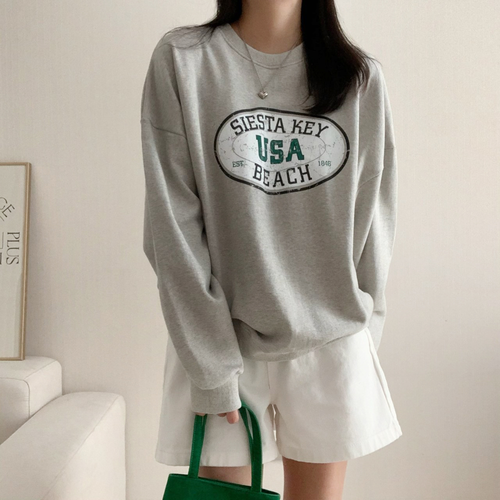 오버핏 빈티지 비치 프린팅 레터링 티셔츠 여성 맨투맨 박스티 여자 가을 티셔츠 코튼 - 상세 이미지 2