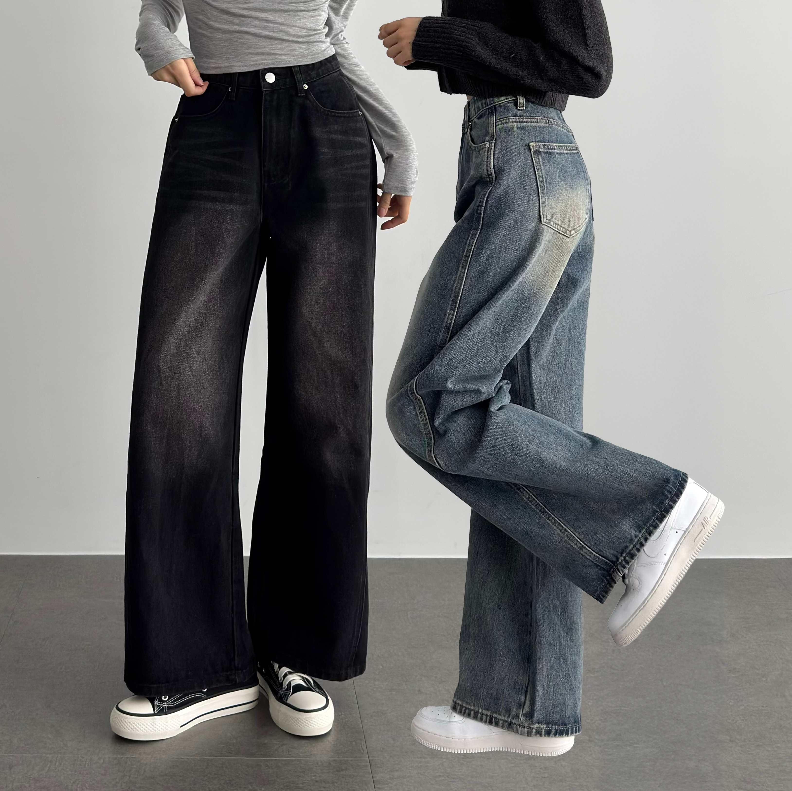 여름 가을 여성 와이드 청바지 세미 와이드데님 팬츠 블랙진 흑청 데님 생지 진청 연청바지