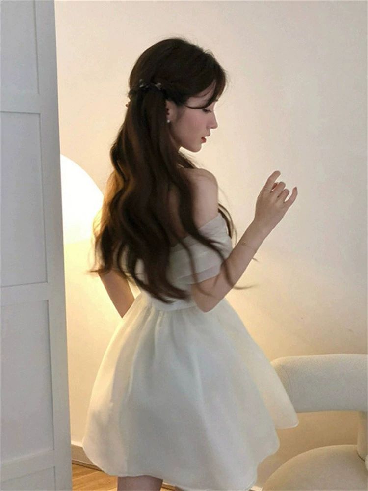 미니웨딩드레스 탑 쉬폰 스냅 피로연 오프숄더 튜브 스냅사진 스몰웨딩 베이지화이트 S - 상세 이미지 3